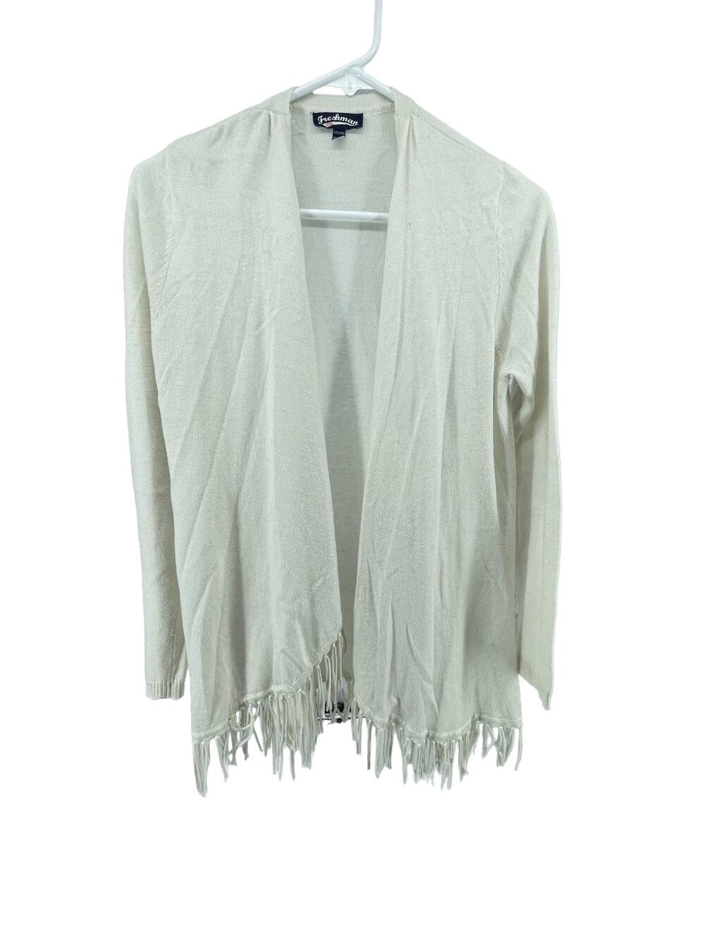 Freshman White Open Front Fringed Cardigan Sweater Women's Size Large 12/14